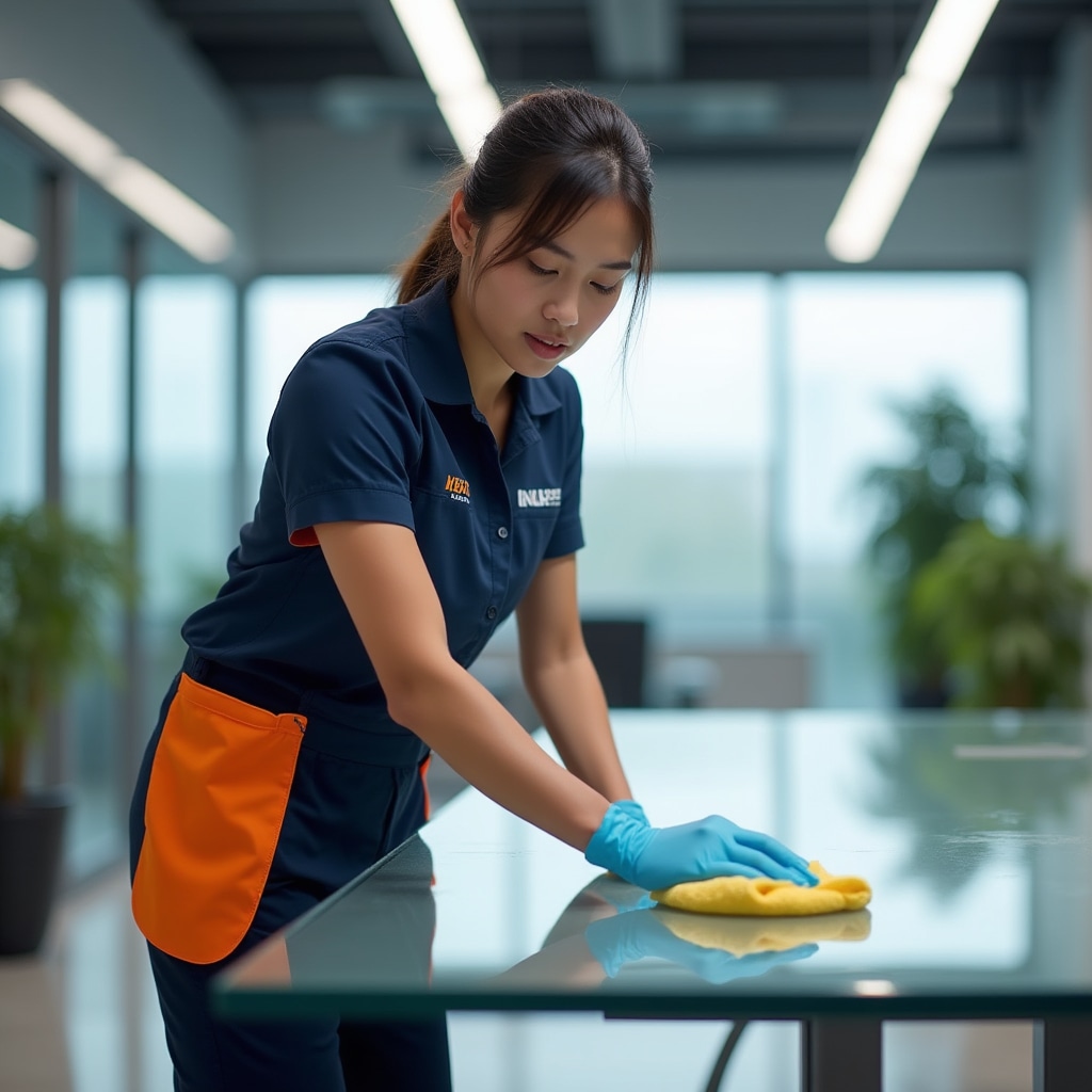Professional cleaning crew member carefully cleaning modern office space with attention to detail