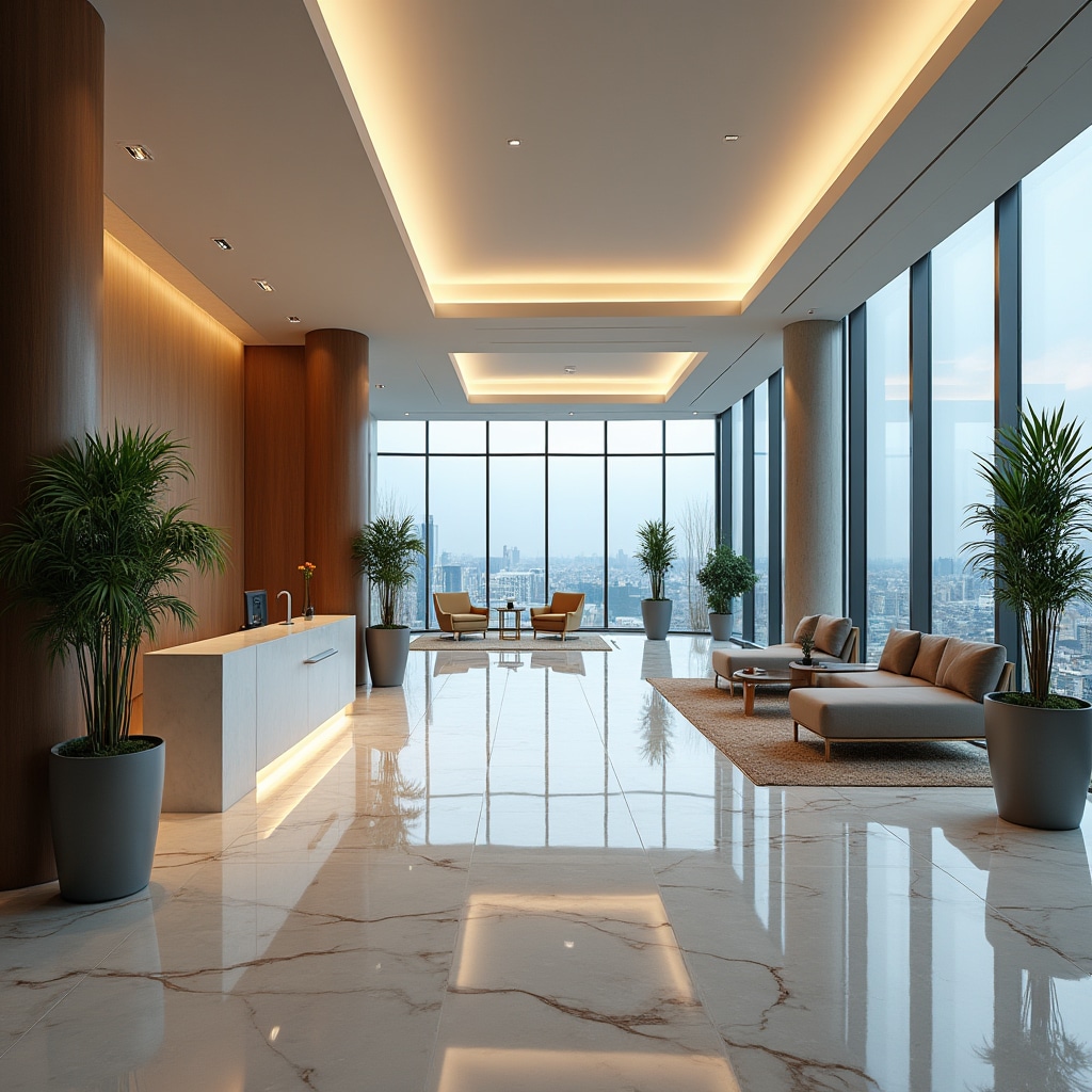 Modern condominium building lobby with polished floors and contemporary design