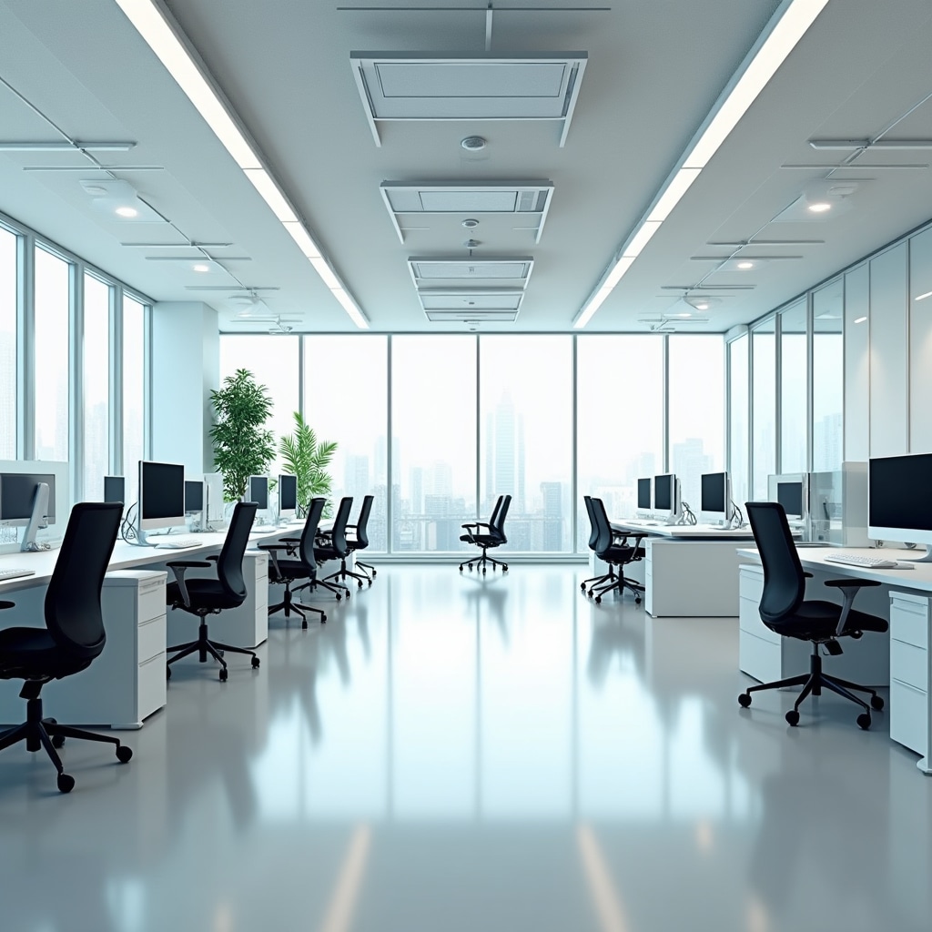 Spotless modern office interior showcasing professional cleaning results with natural light