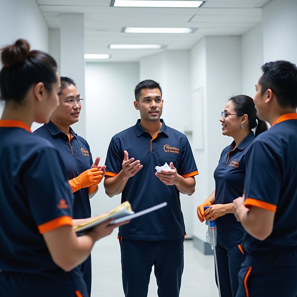 Professional cleaning crew members participating in training session on proper techniques and safety